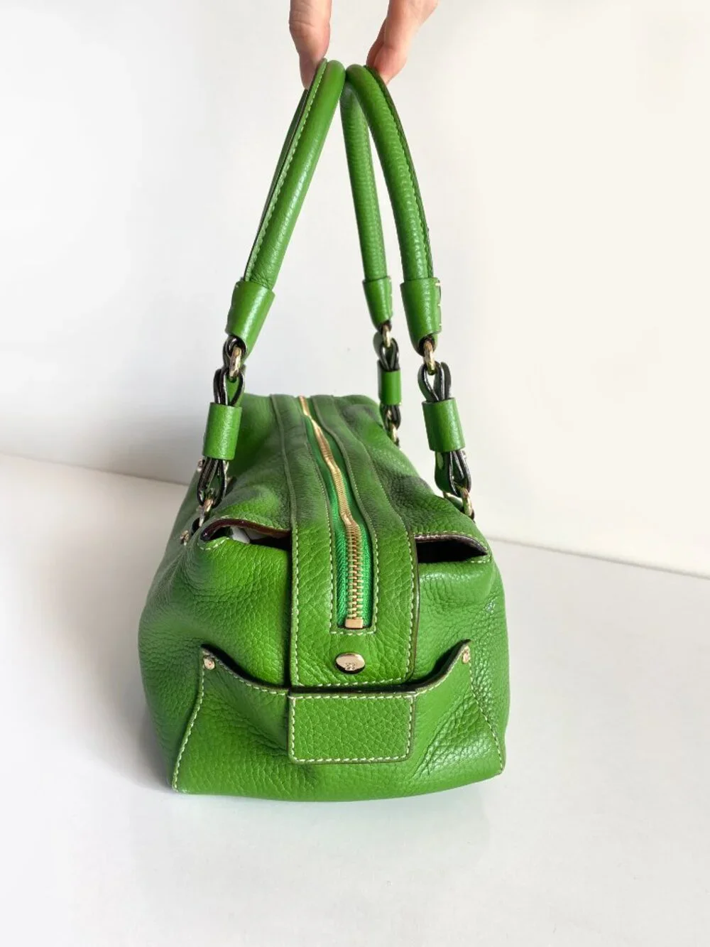 Kate Spade New York Green Leather Satchel Handbag Silver Hardware Y2K Vintage